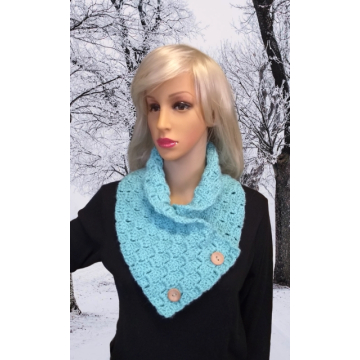 Light Teal Crochet V Front Button Cowl