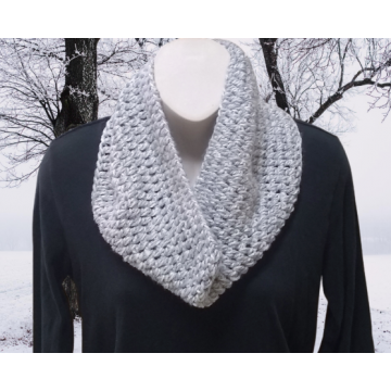 Grey and White Chunky Crochet Cowl, Circle Scarf