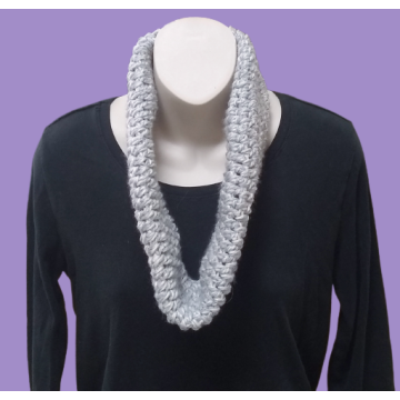 Grey and White Chunky Crochet Cowl, Circle Scarf