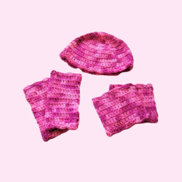Crocheted Pink Hat, Bootcuff and Fingerless Glove Set